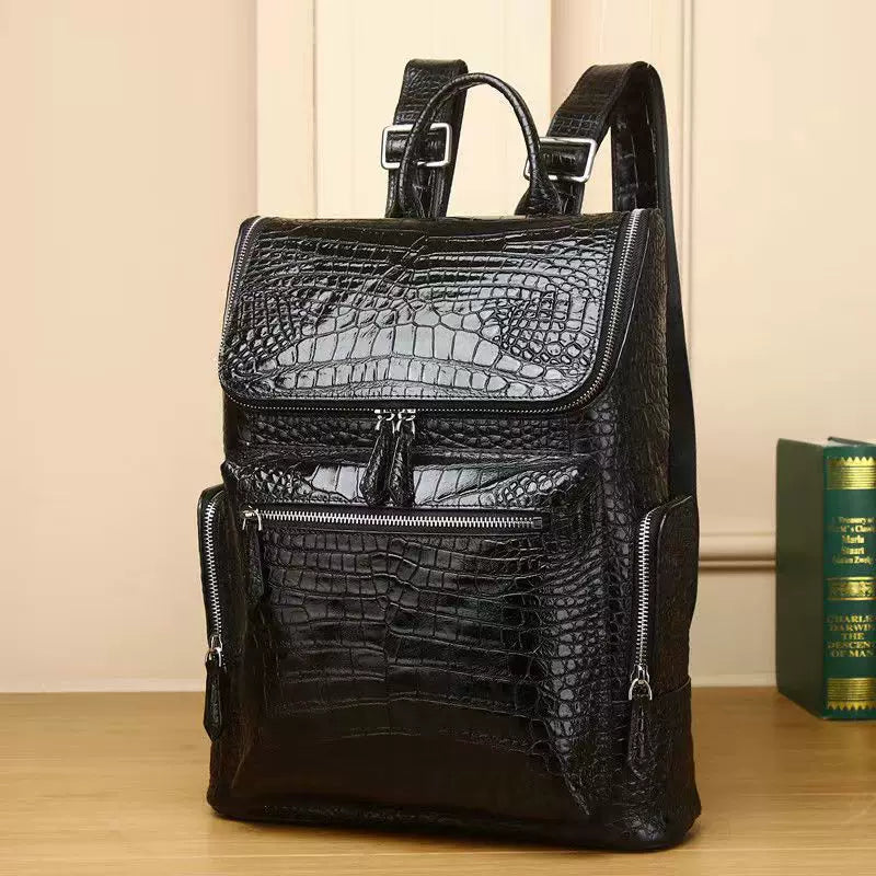 Premium Genuine Leather Croc-Effect Backpack for Men, Large Capacity Business Travel Laptop Bag with High-End Casual Style, Perfect Work & Weekend Bag