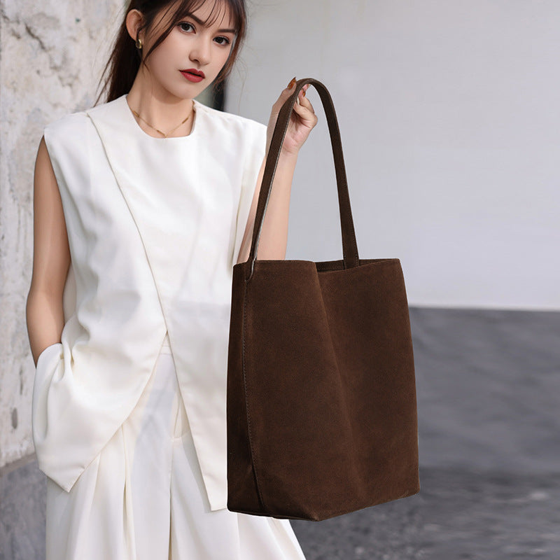 Genuine Matte Leather Bucket Bag for Women, Niche Versatile Solid Color Commute Shoulder Top Handle Purse, Premium Large Capacity Handbag for Ladies