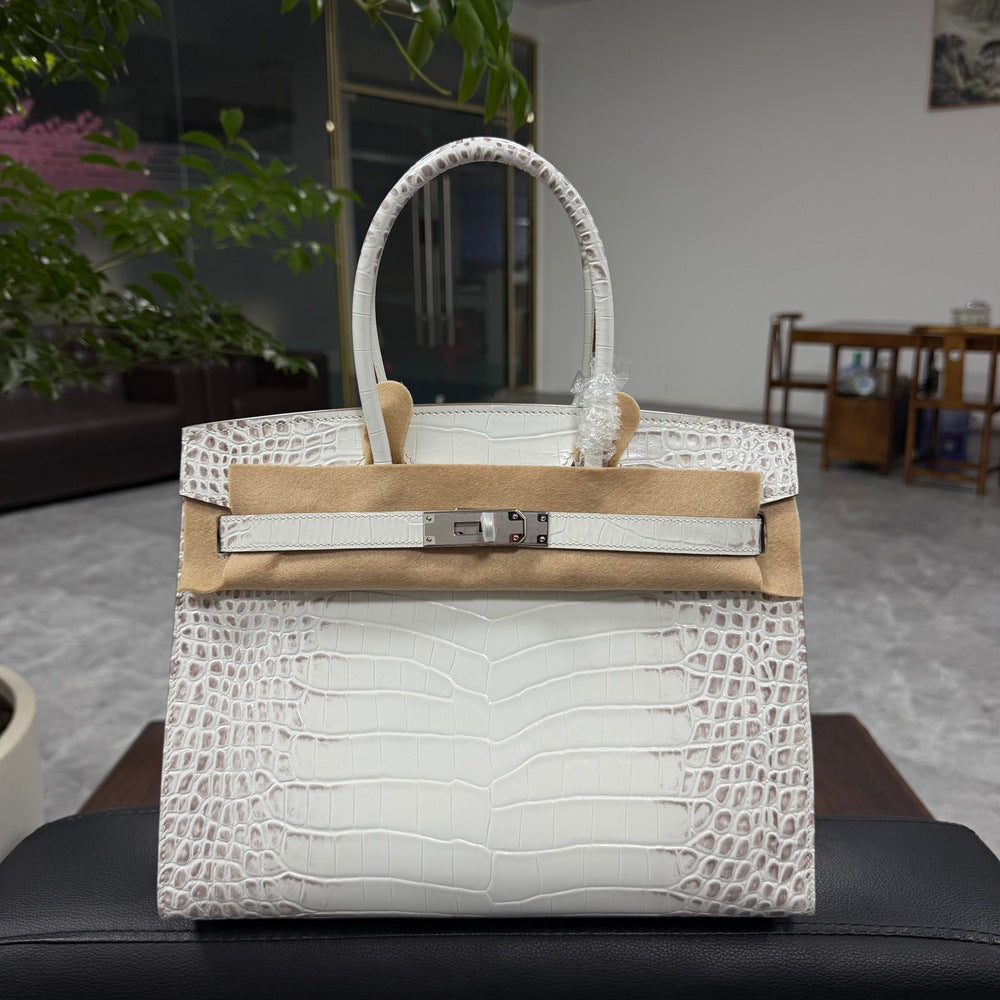 Genuine Top Layer Cowhide Crocodile-Embossed Birkin-Style 30 Bag for Women, External Stitching Hand-Stitched Waxed Thread with Steel Hardware, Burnished Edge Finish Handbag for Ladies
