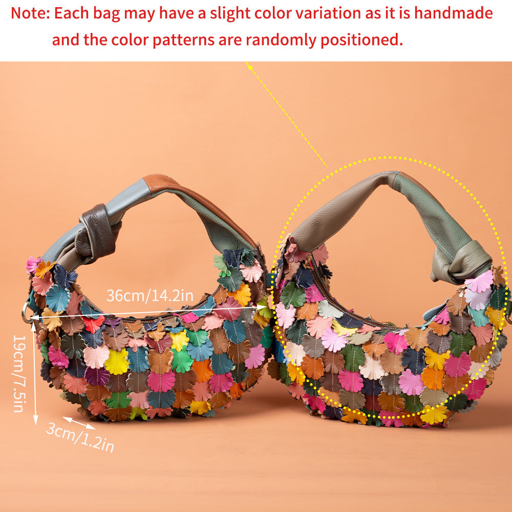 Genuine Leather Ethnic Colorful Patchwork Floral Crescent Bag for Women, New Arrival Bohemian Crossbody Shoulder Purse, Unique Designer Handbag for Ladies