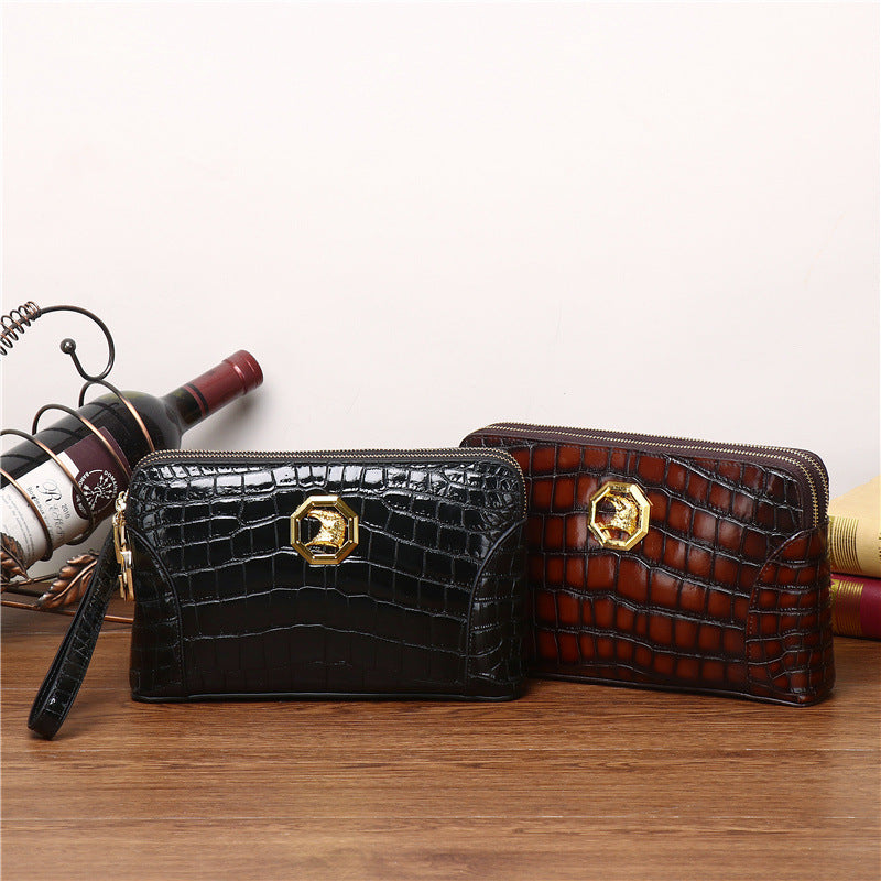 New Arrival Genuine Leather Croc-Effect Clutch Bag for Men, A Large Capacity Business Hand Grab Bag with Double-Zip & Combination Lock, Perfect for Travel & Work