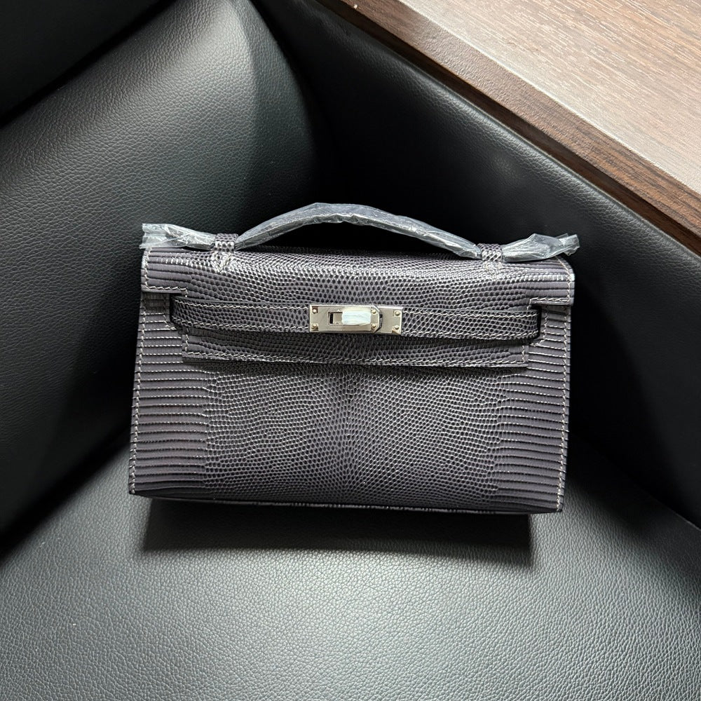 Genuine Top Layer Cowhide Lizard-Embossed Kelly-Style 22cm Bag for Women, Hand-Stitched Waxed Thread with Hand-Hammered Hardware, Lambskin Lining Square Purse with Full Steel Hardware for Ladies