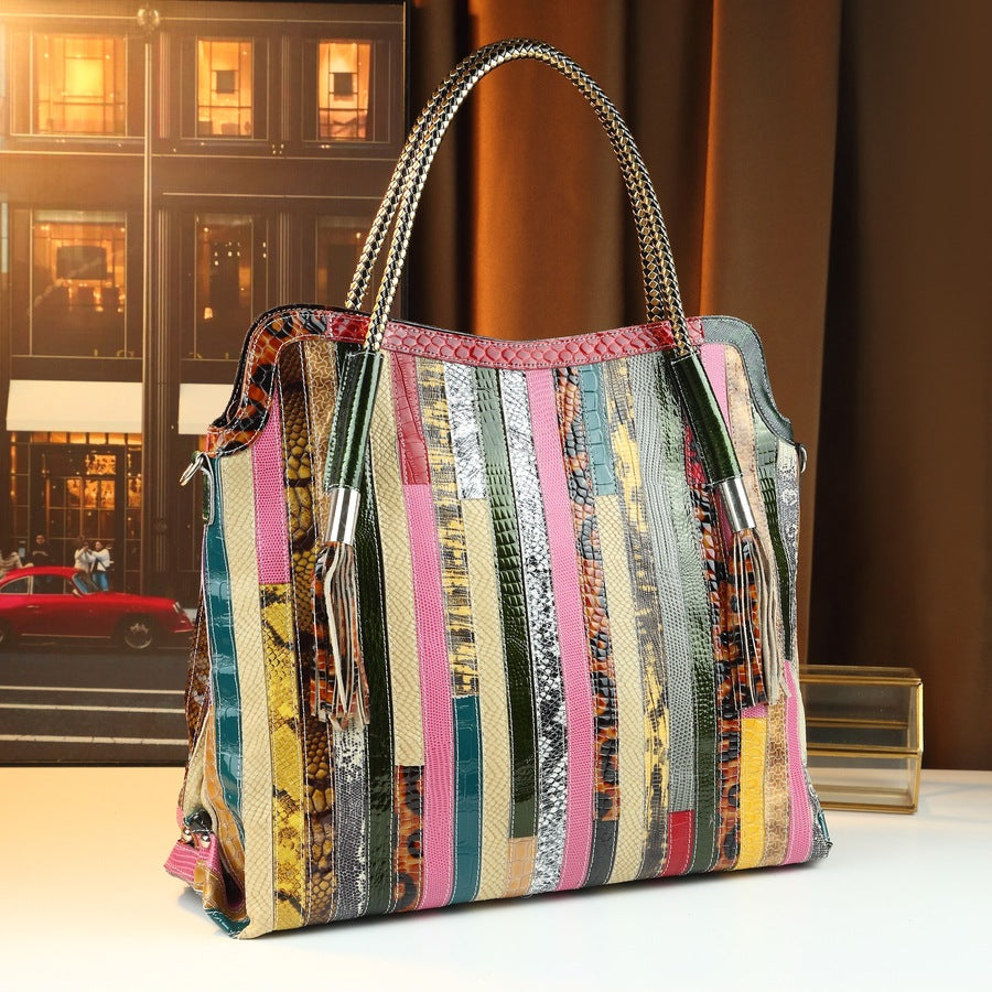 New Arrival Colorful Strap Genuine Leather Tote Bag for Women, A Casual Large Crossbody Shoulder Handbag with Unique Spliced Design