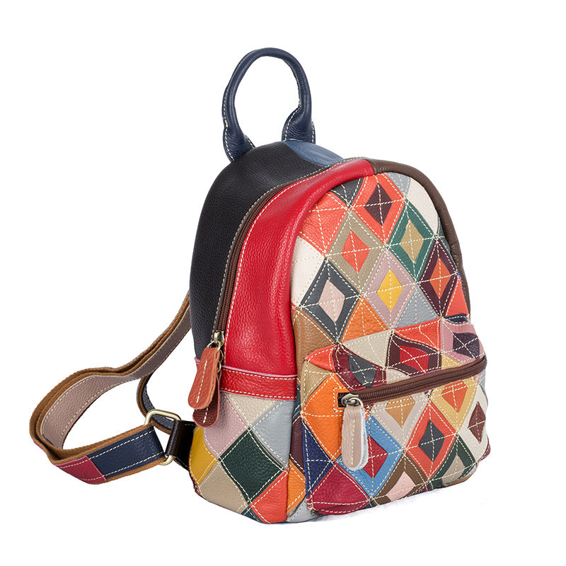 Genuine Cowhide Ethnic Colorful Diamond Quilted Patchwork Backpack for Women, Casual Trendy Handmade Shoulder Bag with Multi-Zipper Design, Travel Daypack for Ladies