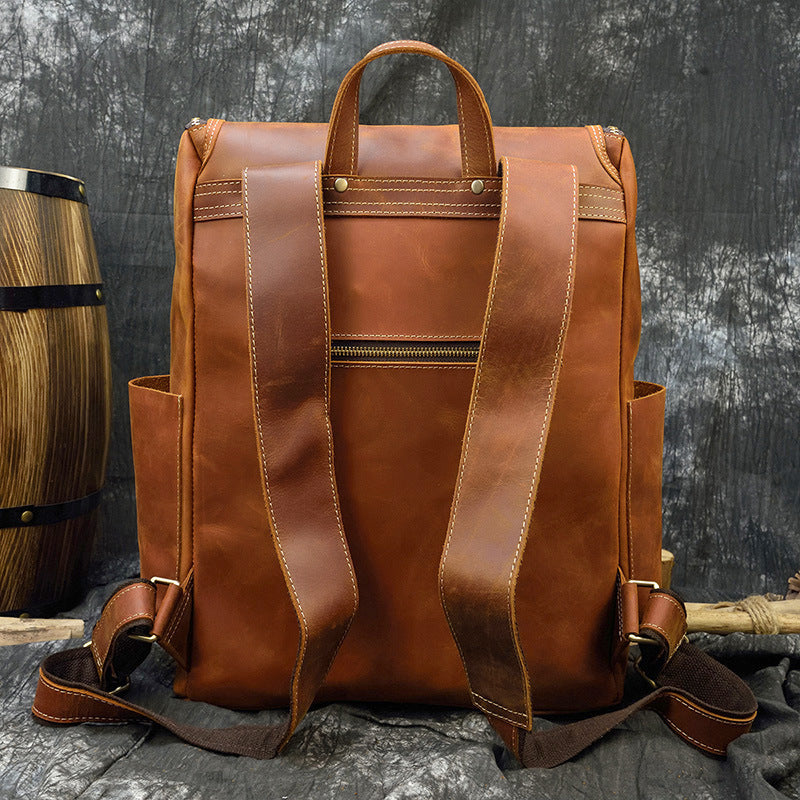 Crazy Horse Leather Large Capacity Travel Backpack, Top Layer Cowhide School Daypack, Premium Men's Rucksack