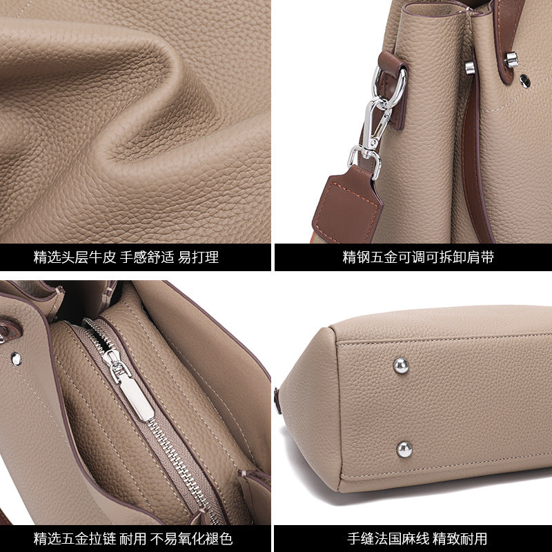 Top Layer Cowhide Color-Block Tote Bag for Women Soft Leather Large Capacity Commuter Shoulder Handbag, Fashion Versatile Purse with Premium Finish