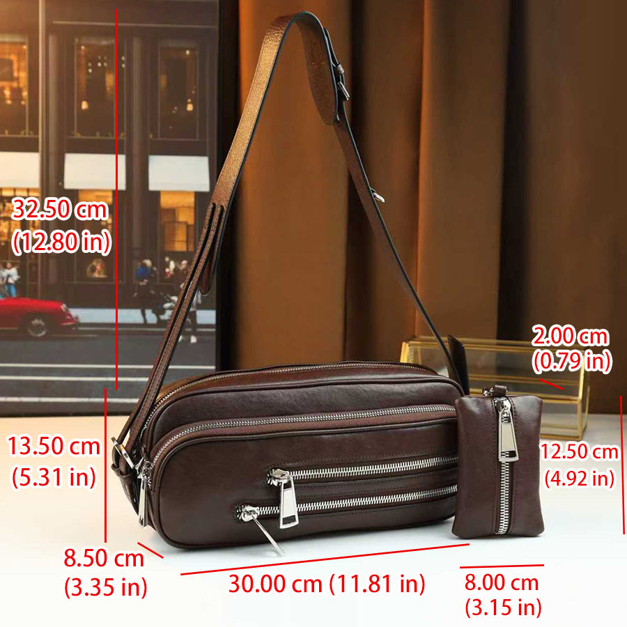 Top Layer Cowhide Multi-Pocket Baguette Bag for Women Vintage Shoulder Crossbody Handbag, Casual Fall Purse with Detachable Sub-Bag