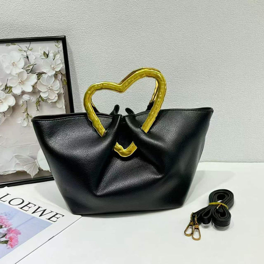 Heart Metal Handle Bucket Bag for Women Soft Leather Pleated Shoulder Crossbody Handbag, Trendy Designer Purse with Romantic Hardware Accent