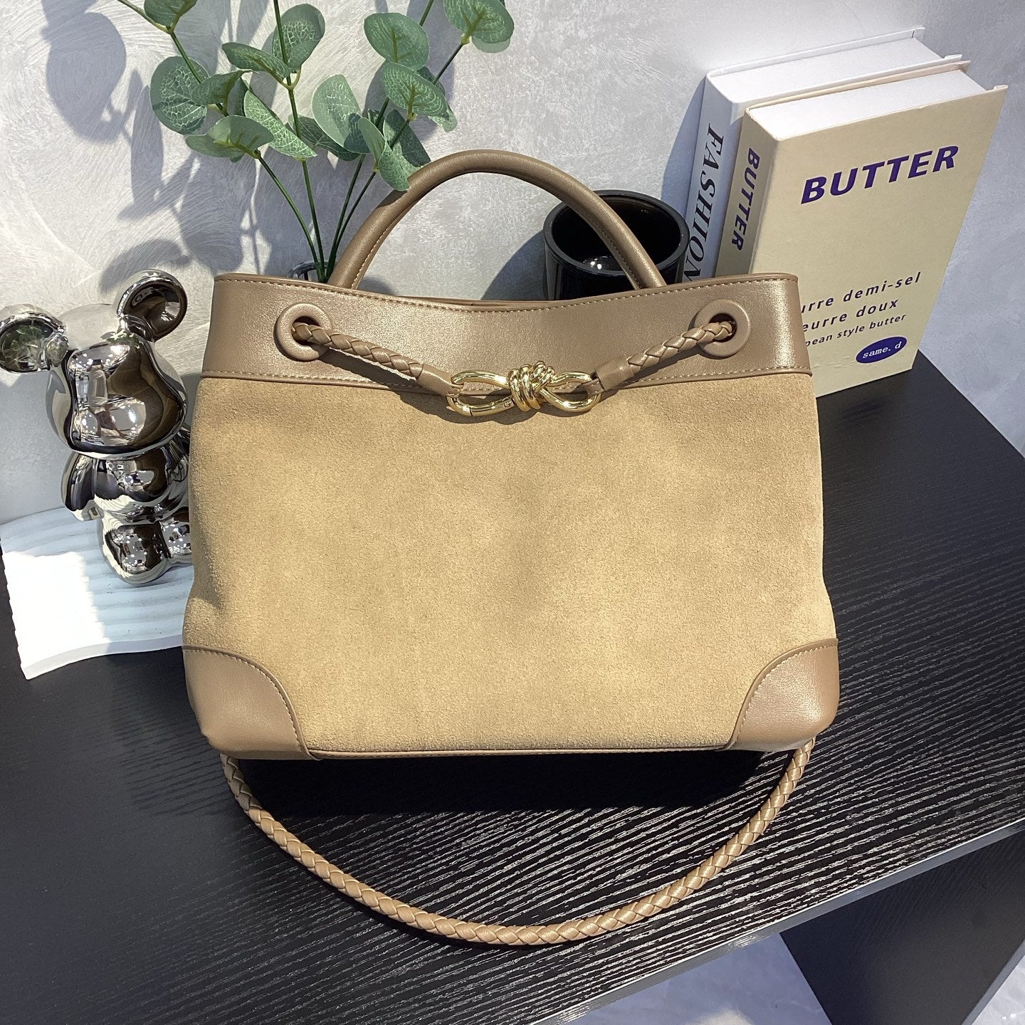 Suede Leather Woven Rope-Knot Handbag, Simple Elegant Shoulder & Crossbody Commuter Bag for Women