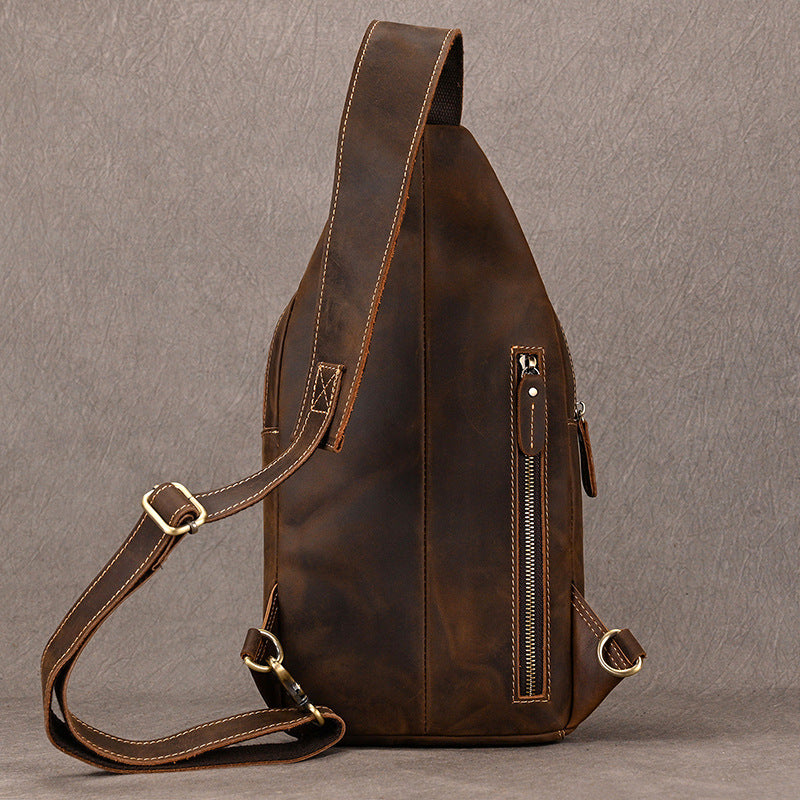 Large Capacity Crazy Horse Leather Chest Bag, Casual Crossbody Shoulder Pouch, Cowhide Bag Fits iPad for Men