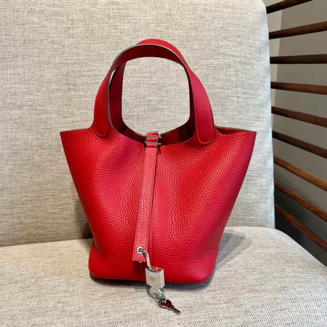 Genuine TC Cowhide 18cm Basket Bucket Bag for Women, Hermès-Style High-Quality Top Handle Handbag, New Premium Leather Purse for Ladies