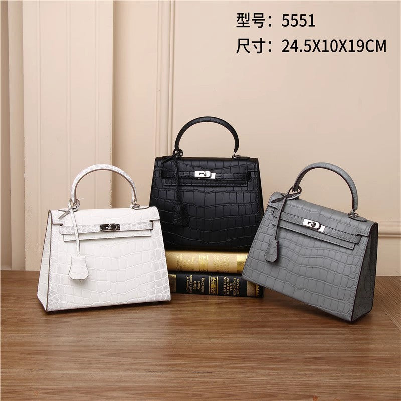New Arrival Matte Croc-Effect Kelly-Inspired Handbag for Women, Premium Genuine Leather Shoulder Top-Handle Crossbody Bag with Versatile Banquet Design
