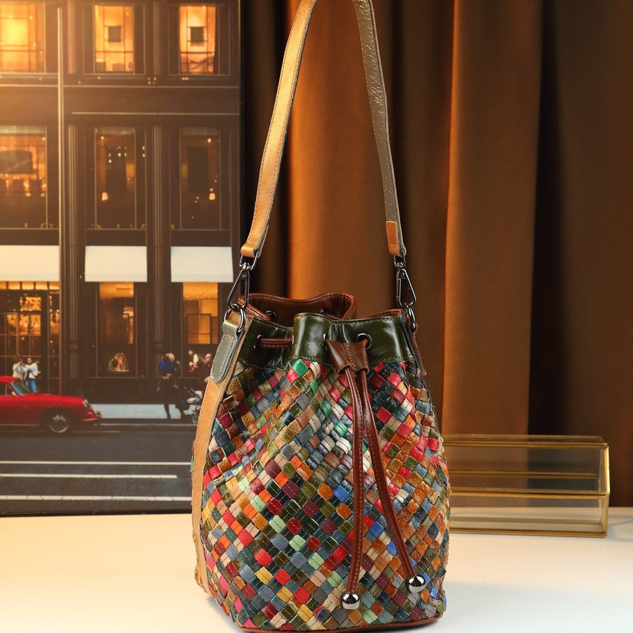 Woven Patchwork Leather Tote Bag for Women Large Capacity Cowhide Shoulder Purse with Drawstring Closure and Handmade Craftsmanship