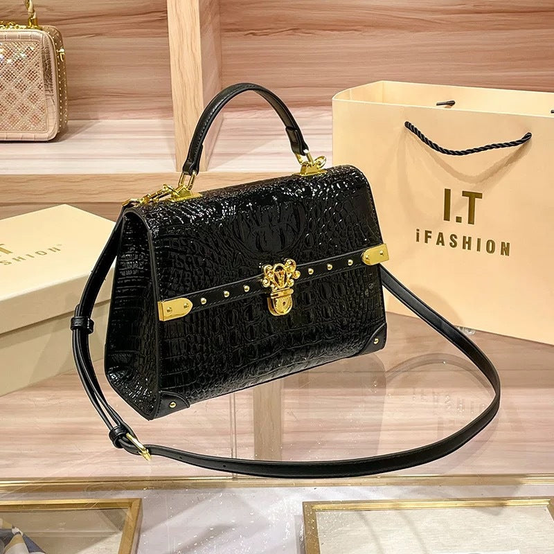 Genuine Leather Crocodile-Embossed Lock Buckle Handbag for Women, New Fashionable Versatile Shoulder Crossbody Purse, Trendy Bag for Ladies
