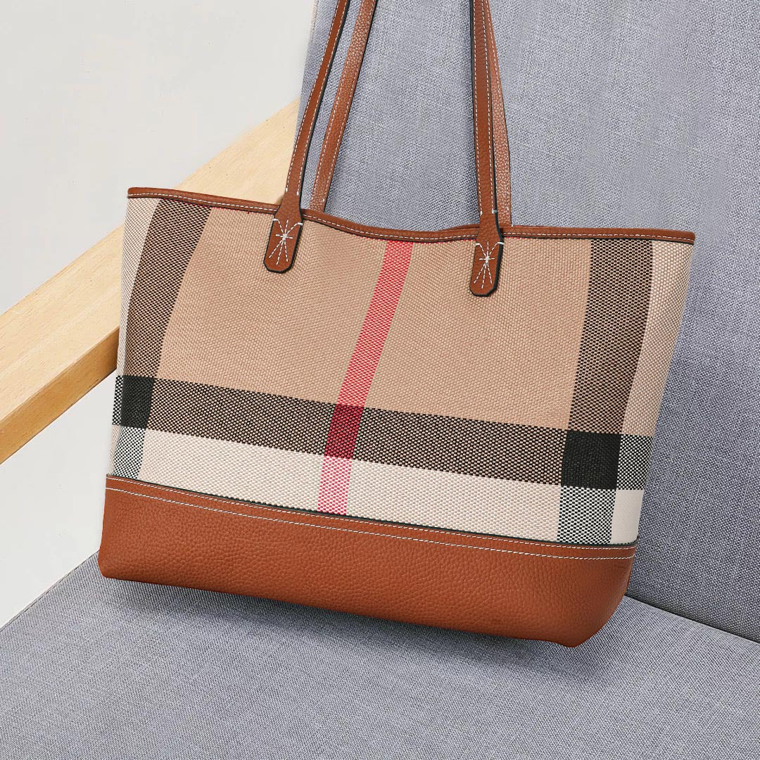 New Large Capacity Plaid Canvas Tote Bag with Leather Trim, Fashionable Casual Shoulder Handbag, Premium Bag for Women