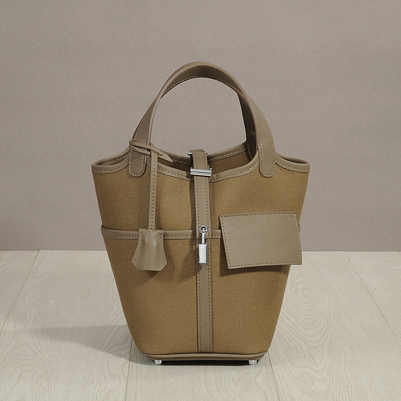 Genuine Smooth Cowhide Canvas Patchwork Bucket Bag for Women, Waxed Thread Stitched Top Handle Crossbody Basket Purse, Casual Tote Handbag with Pocket Detail for Ladies