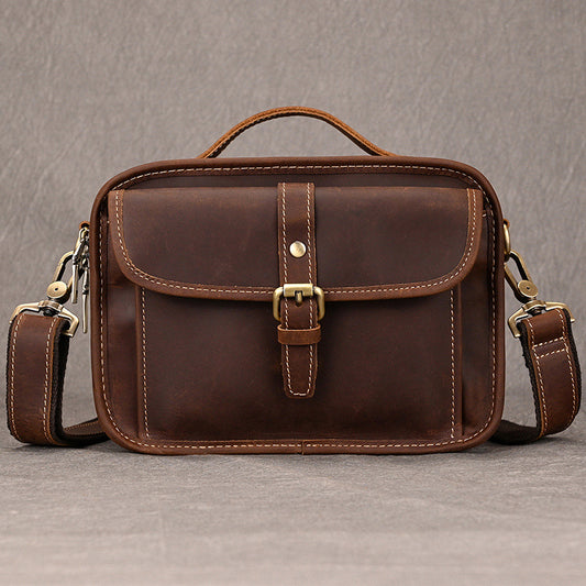 Genuine Crazy Horse Leather Crossbody Shoulder Bag for Men, Vintage Top Handle Messenger Bag, New Casual Work Bag for Gentlemen