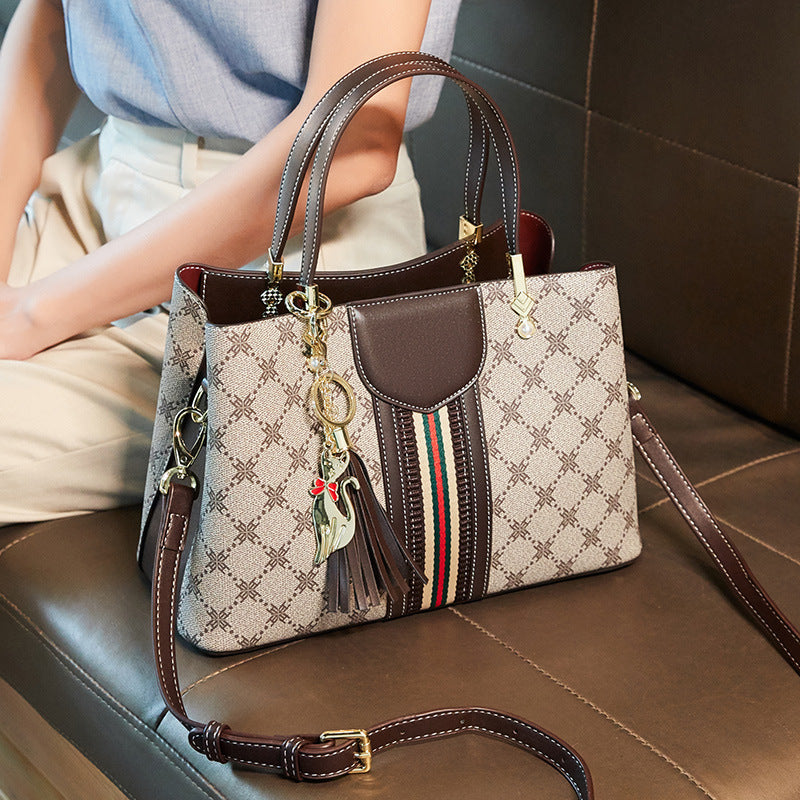 Elegant Monogram Print Tote Bag for Women | Light Luxury Large Top-Handle Handbag with Trendy Tassel Accent | Spacious High-End Carryall for Work, Errands & Travel | New Statement Purse with Sophisticated Finish & Timeless Appeal