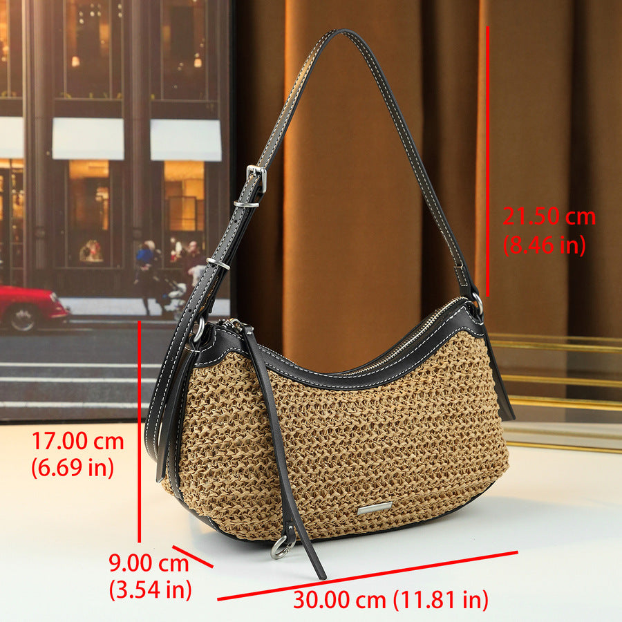 French Woven Straw Bag for Women Summer Beach Vacation Shoulder Crossbody Handbag, Natural Texture Purse with Bohemian Charm