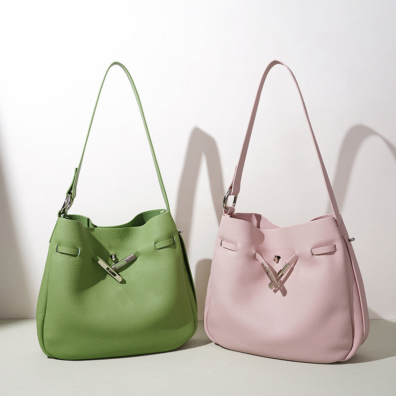 New Summer Ins Style Casual Bucket Bag in Top Layer Cowhide, Large Capacity Shoulder Crossbody Purse, Niche Design Handbag for Women