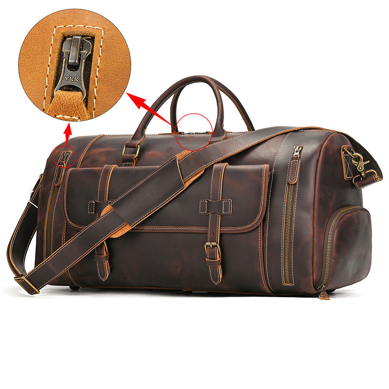 Large Capacity Crazy Horse Leather Travel Duffle with Shoe Compartment, Top Handle Shoulder Crossbody Luggage Bag for Men