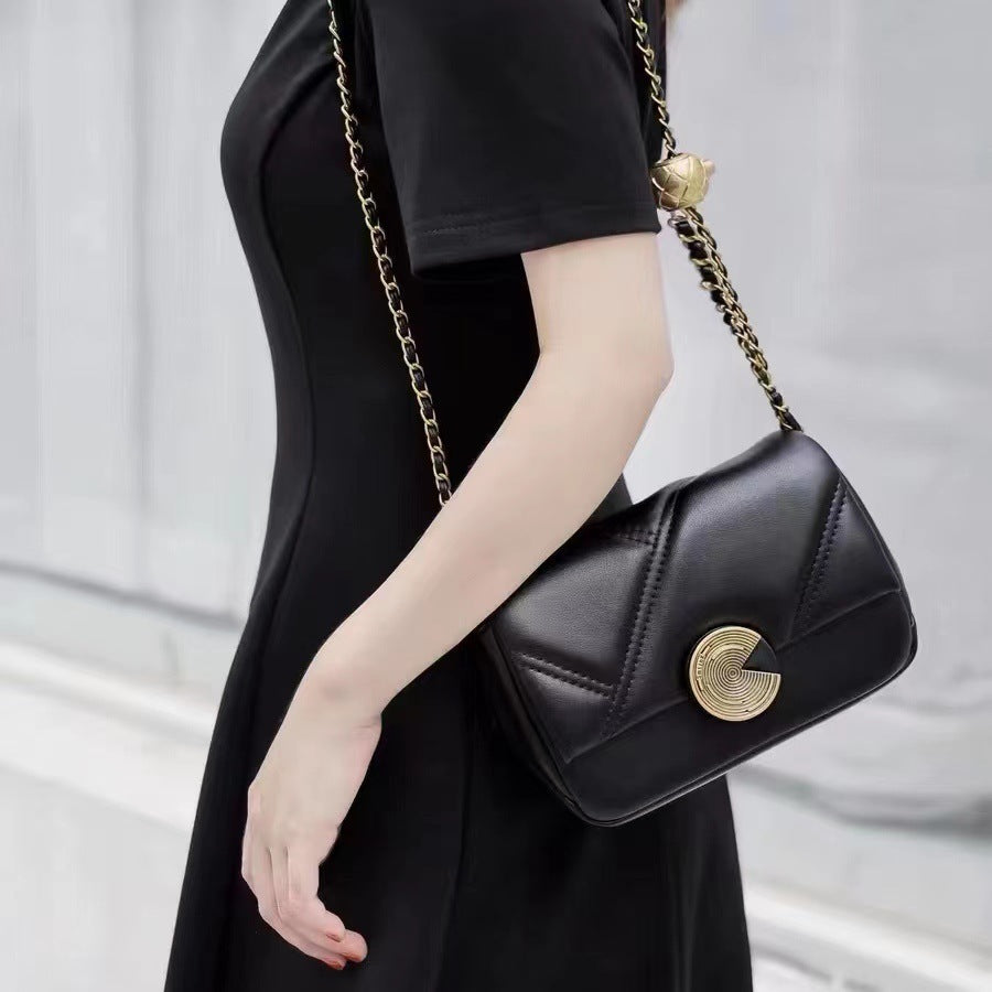 Genuine Cowhide Quilted Gold Ball Chain Small Square Bag for Women, New Light Luxury Vintage Office Shoulder Crossbody Purse, Trendy Handbag for Ladies