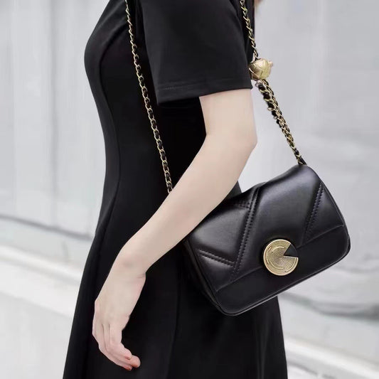 Genuine Cowhide Quilted Gold Ball Chain Small Square Bag for Women, New Light Luxury Vintage Office Shoulder Crossbody Purse, Trendy Handbag for Ladies