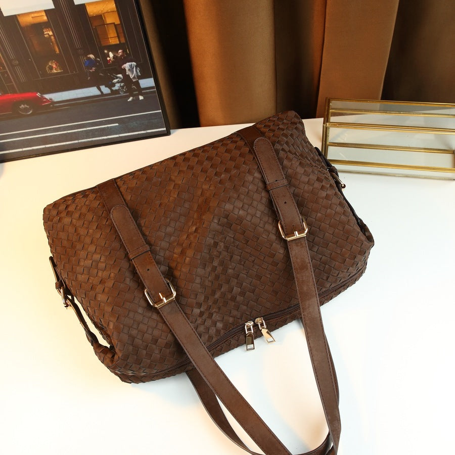 Woven Travel Tote Bag for Men and Women Large Capacity Shoulder Luggage Handbag, Coffee Brown Business Trip Purse with Versatile Design