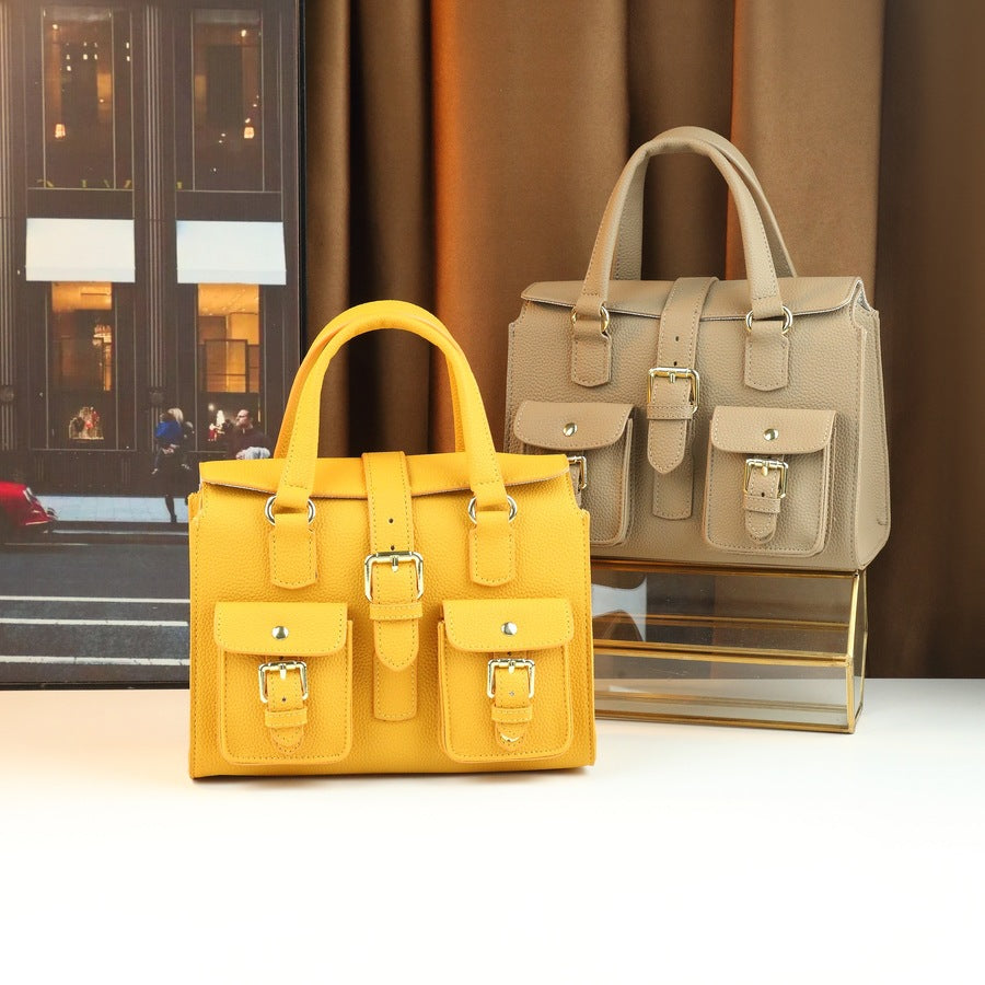 Soft Leather Multi-Pocket Tote Bag for Women Yellow Shoulder Crossbody Handbag, Versatile Commuter Purse with Stylish Design