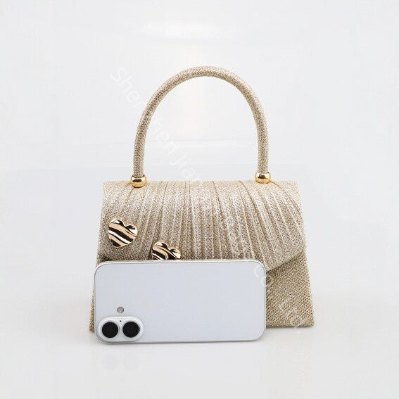 Pleated Evening Clutch for Women, New Niche Designer Heart Buckle Top Handle Purse, Versatile Wedding Gown Handbag for Ladies