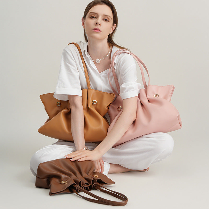 Genuine Leather Pleated Cloud Tote Bag for Women, New Versatile Fashionable Shoulder Crossbody Purse, Large Capacity Casual Everyday Handbag for Ladies