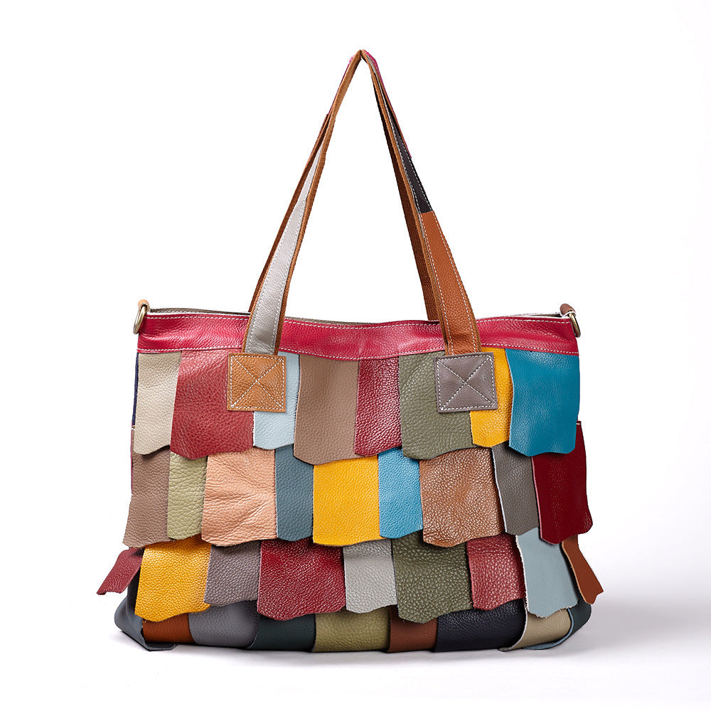 Genuine Leather Slouchy Large Capacity Tote Bag for Women, New Fashionable Patchwork Color Block Shoulder Crossbody Purse, Versatile Casual Handbag for Ladies