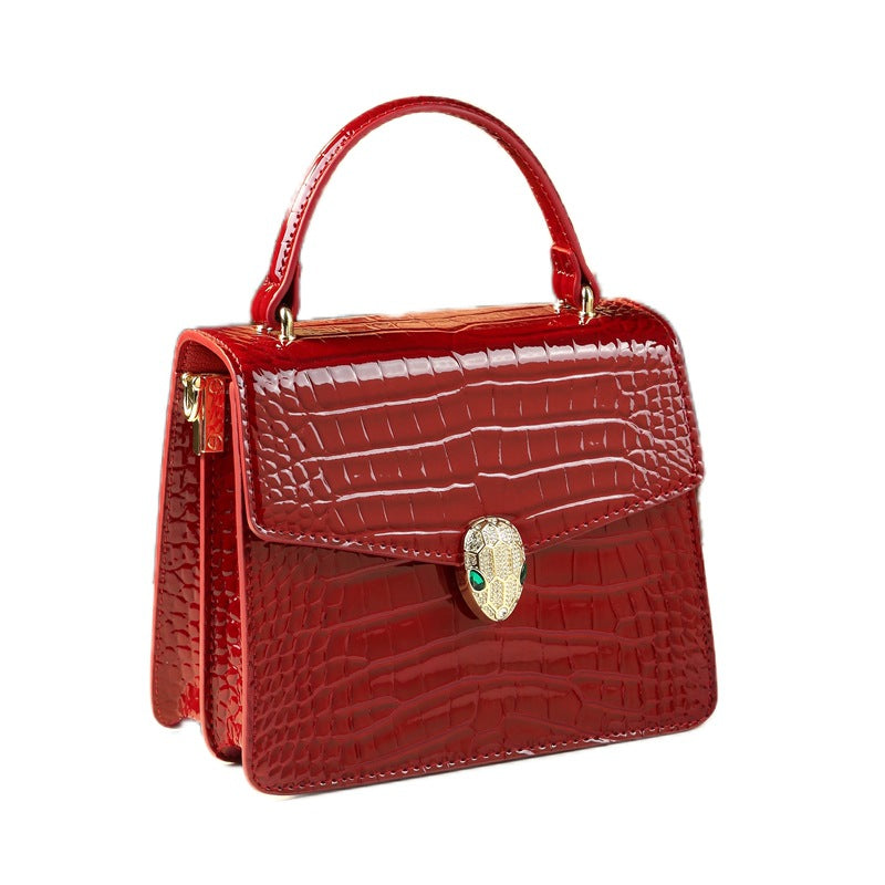 New Arrival Patent Leather Croc-Effect Small Square Bag for Women, A Glossy Top-Handle Crossbody Handbag with Exquisite Snake-Head Design & Fashionable Style