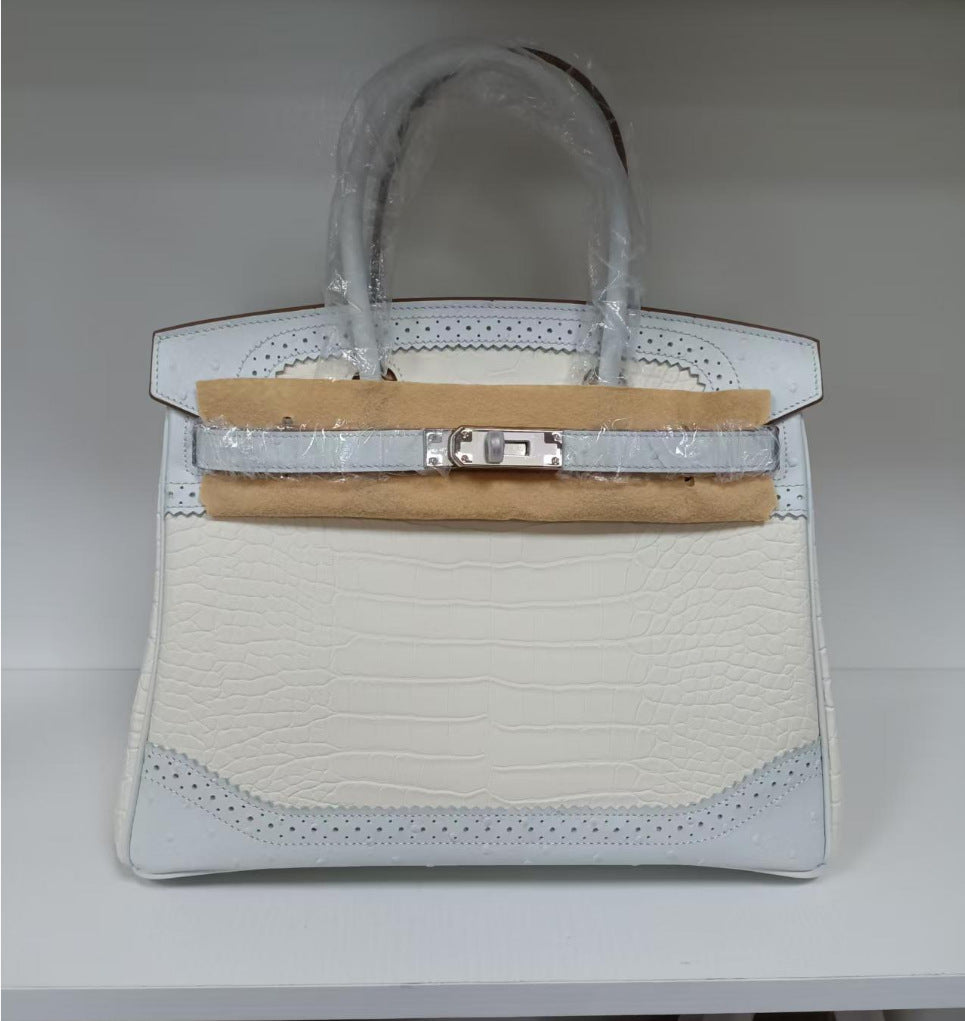 Premium American Croc-Effect & Ostrich-Effect Birkin-Inspired Tote Bag for Women, Genuine Leather Large Capacity Business Handbag with Versatile Shoulder Crossbody Carry