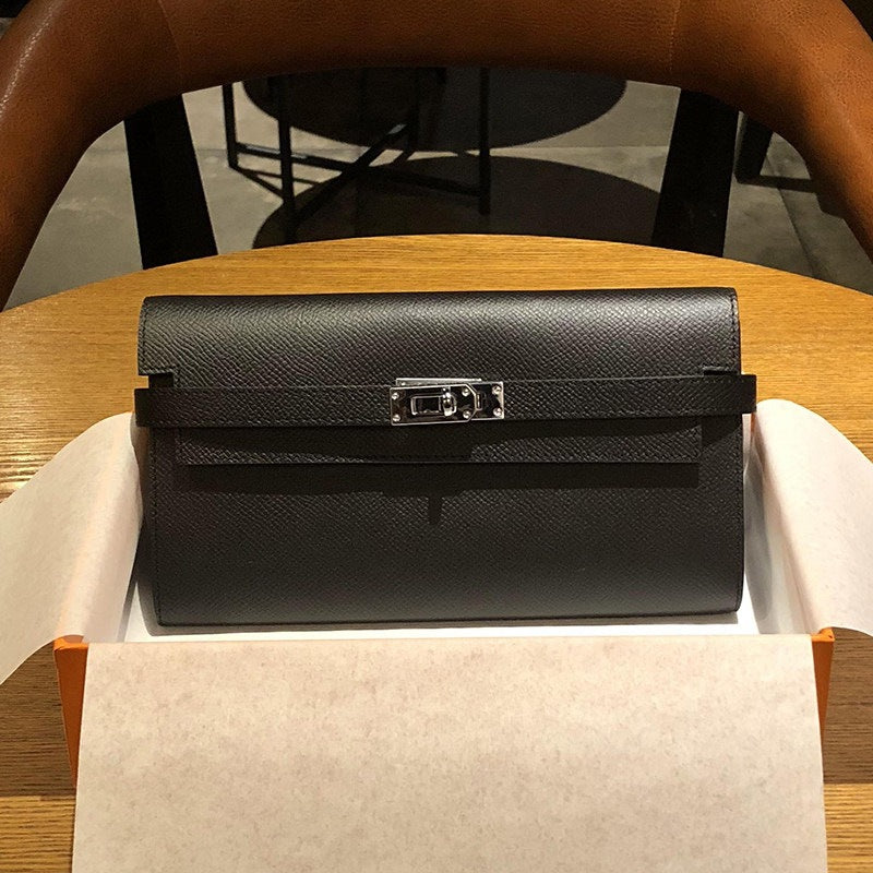 Genuine Togo Leather Long Wallet Clutch for Women, Hermès-Inspired Kelly-Style Money Holder, Premium Epsom Leather Phone Bag for Ladies