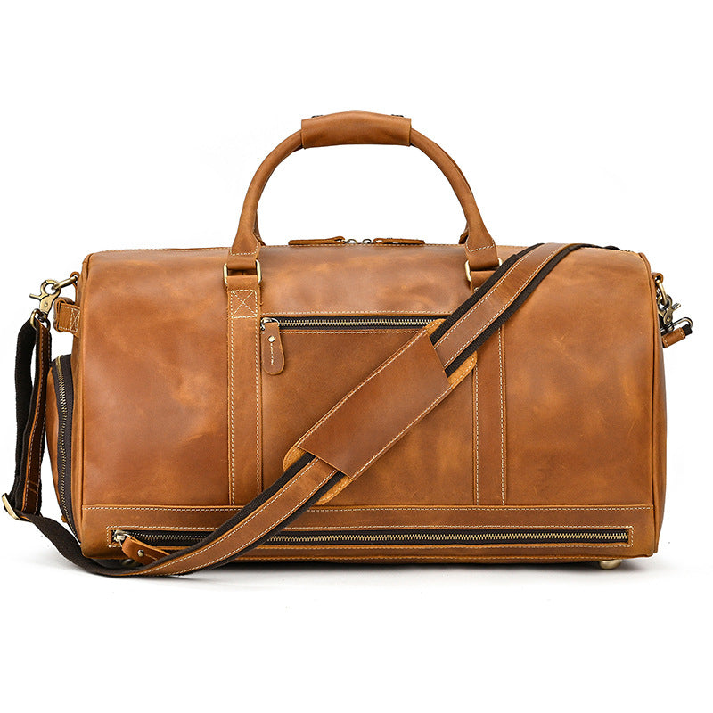 Vintage Crazy Horse Leather Large Capacity Travel Duffle with Shoe Compartment, Top Handle Gym Bag, Premium Cowhide Weekender for Men
