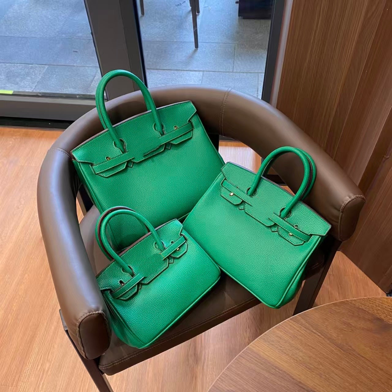Genuine Togo Top Layer Cowhide Birkin-Style Bag with Waxed Thread Stitching, Full Steel Hardware Lock Top Handle Handmade Purse, Premium Leather Bag for Ladies