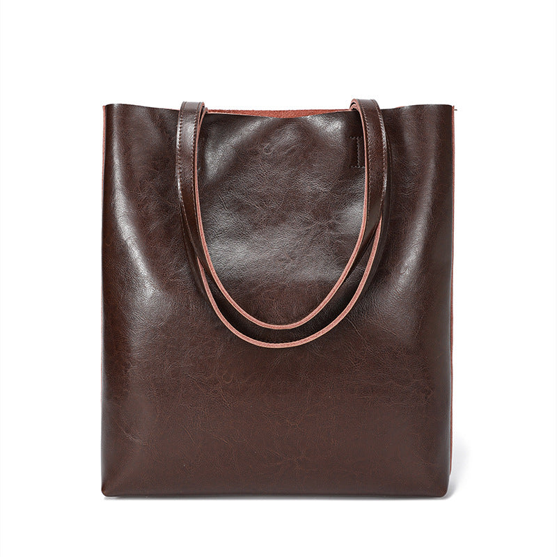 Waxed Cowhide Tote Bag for Women Large Capacity Practical Shoulder Handbag, Versatile Commuter Purse with Rich Leather Texture