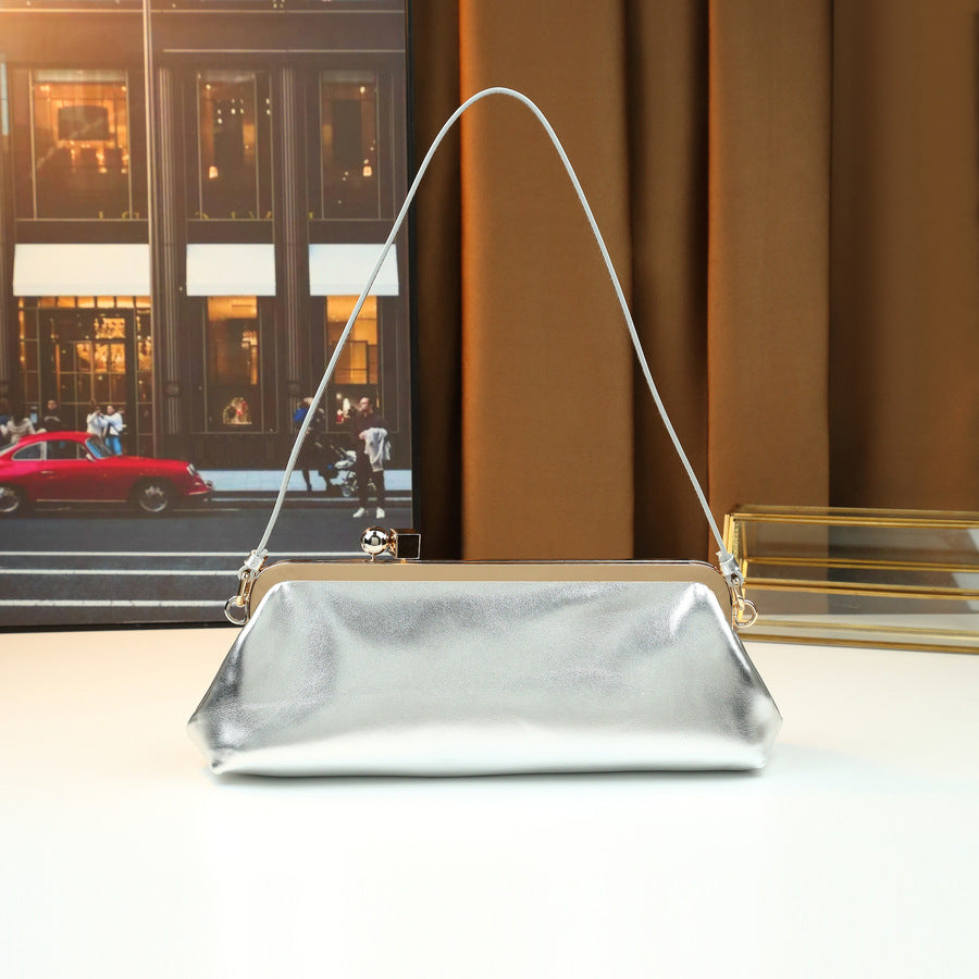 Glossy Round Ball Metal Clip Baguette Bag for Women Large Capacity Evening Shoulder Handbag, Premium Statement Purse with Shiny Hardware Accent