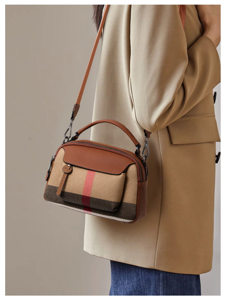 Genuine Leather Classic Plaid Handbag for Women, New Vintage Small Square Crossbody Shoulder Purse, Simple Casual Student Bag for Ladies