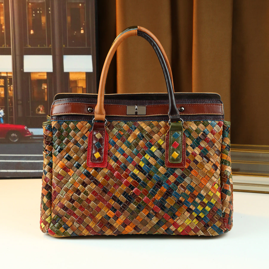 Woven Genuine Leather Tote Bag for Women Large Capacity Travel Shoulder Crossbody Handbag, Versatile Everyday Carryall with Artisan Woven Detail