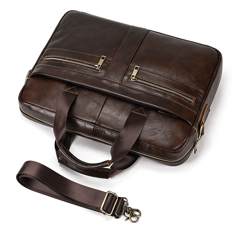 New Business Top Layer Cowhide 14-Inch Laptop Briefcase, Shoulder Crossbody Commute Bag, Premium Genuine Leather Work Bag for Men