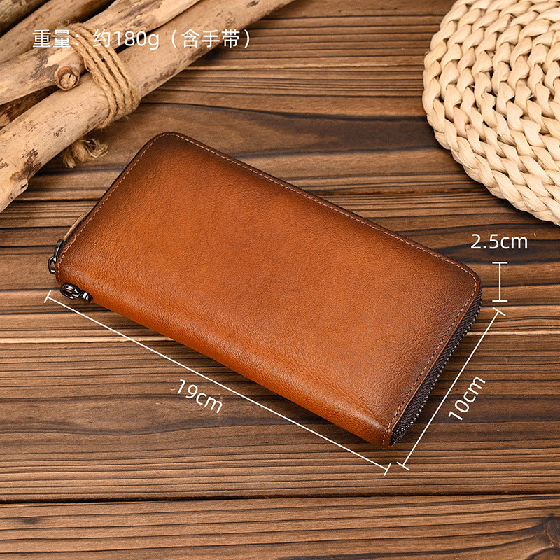 Vintage Vegetable-Tanned Leather Long Wallet, Hand-Burnished Multi-Card Clutch, Casual Phone Money Holder for Men