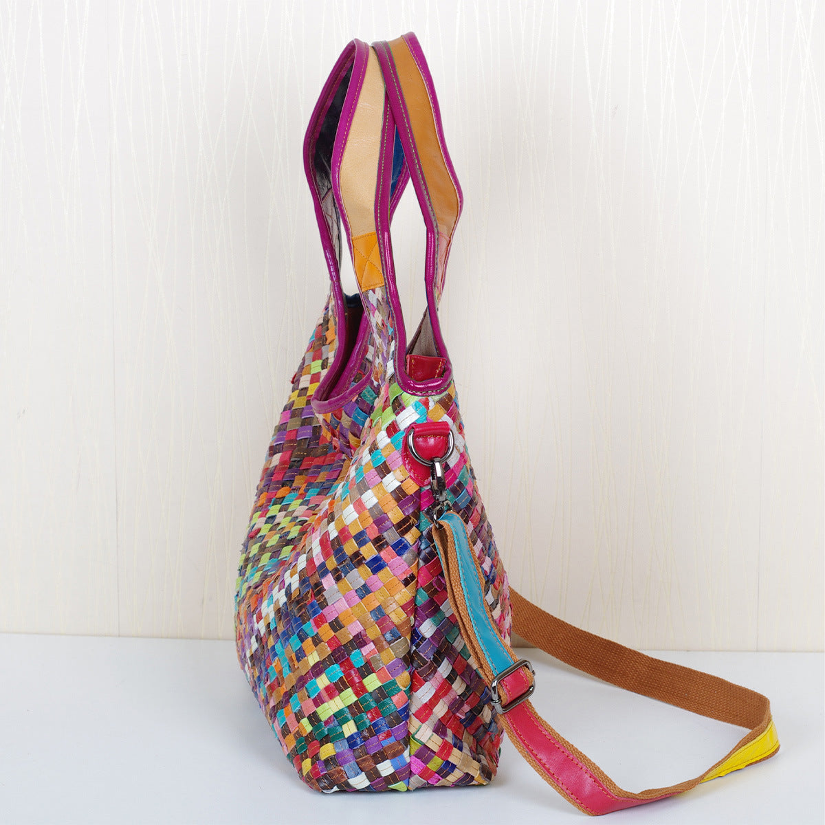 Genuine Leather Colorful Handwoven Bag for Women, Casual Travel Shoulder Crossbody Top Handle Purse, Straw Style Woven Handbag for Ladies