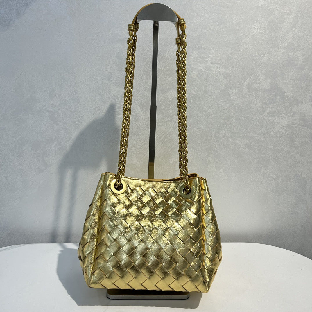 Genuine Leather Metal Chain Woven Parachute Bag for Women, Large Capacity Vintage Underarm Shoulder Crossbody Purse, Premium Handbag for Ladies