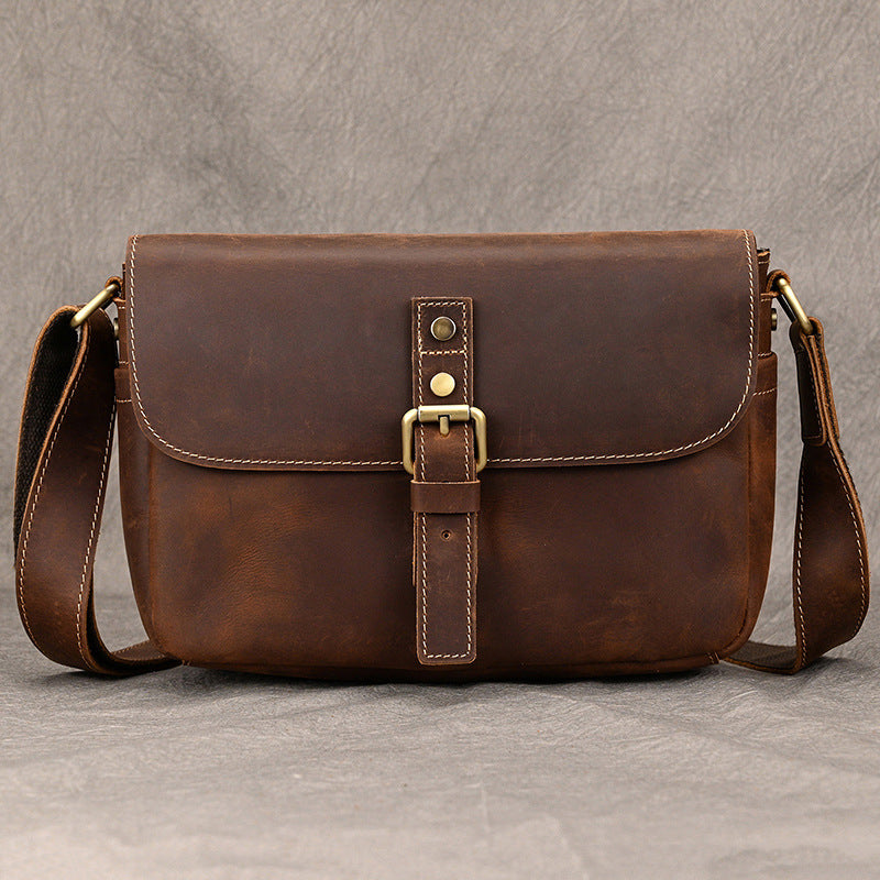 Crazy Horse Leather Flap Crossbody Shoulder Bag, Top Layer Cowhide Outdoor Casual Pouch for Men