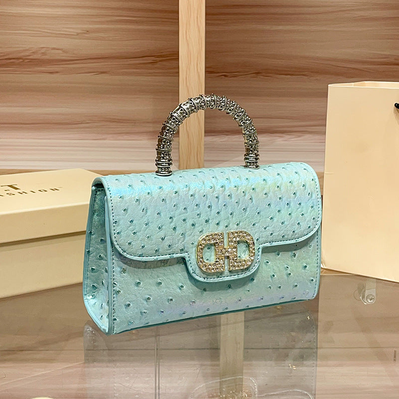 Premium Rhinestone Ostrich-Embossed Genuine Leather Bag, Fashionable Shoulder Crossbody Top Handle Purse, Chic Handbag for Women
