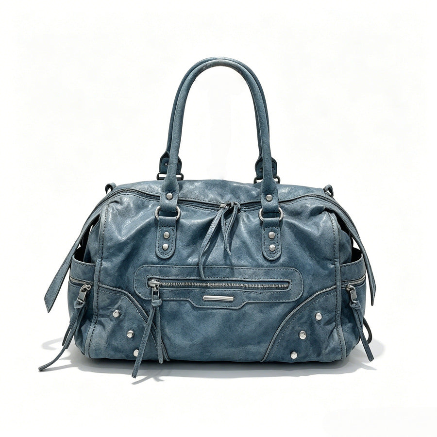 Vintage Studded Biker Tote Bag for Women Large Capacity Distressed Shoulder Crossbody Handbag, Versatile Travel Purse with Edgy Hardware Accents