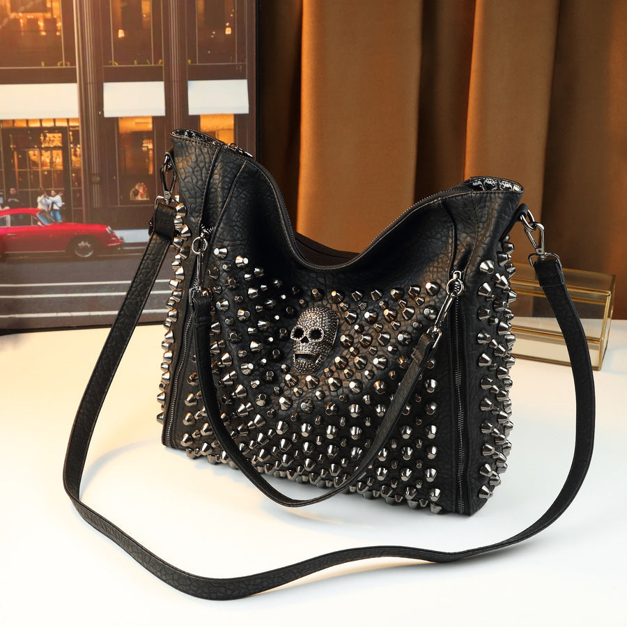 Studded Skull Bucket Tote Bag for Women Halloween Gothic Design Large Capacity Shoulder Handbag with Edgy Stud Hardware Accent