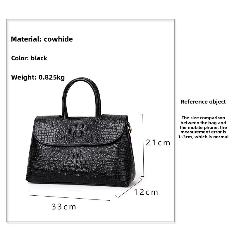 New Classic Black Crocodile-Embossed Top Layer Cowhide Bag, Shoulder Crossbody Top Handle Purse, Premium Handbag for Women